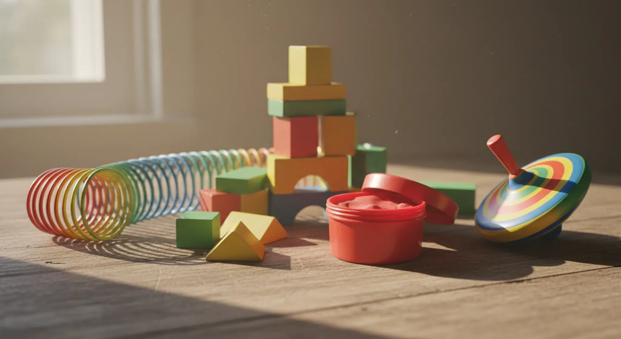 An assortment of classic childhood toys arranged on a wooden table in soft light