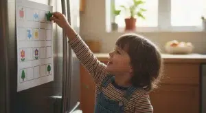 Chore Charts for Kids Agebyage Ideas That Actually Work | Betteroo A young child putting a sticker on a picture-based chore chart on the fridge
