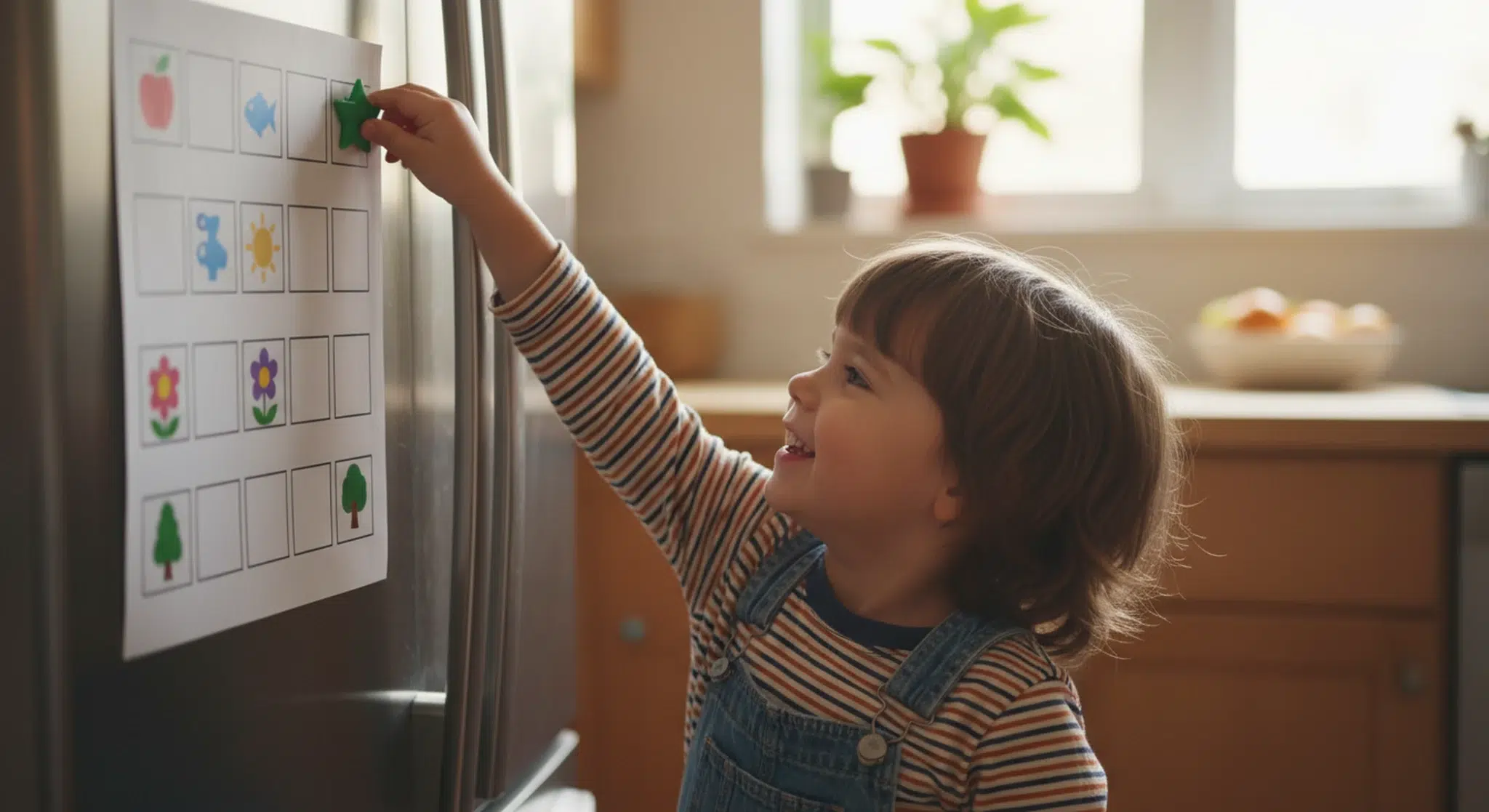 A young child putting a sticker on a picture-based chore chart on the fridge