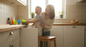 Young child helping put away dishes in a bright kitchen with a parent nearby