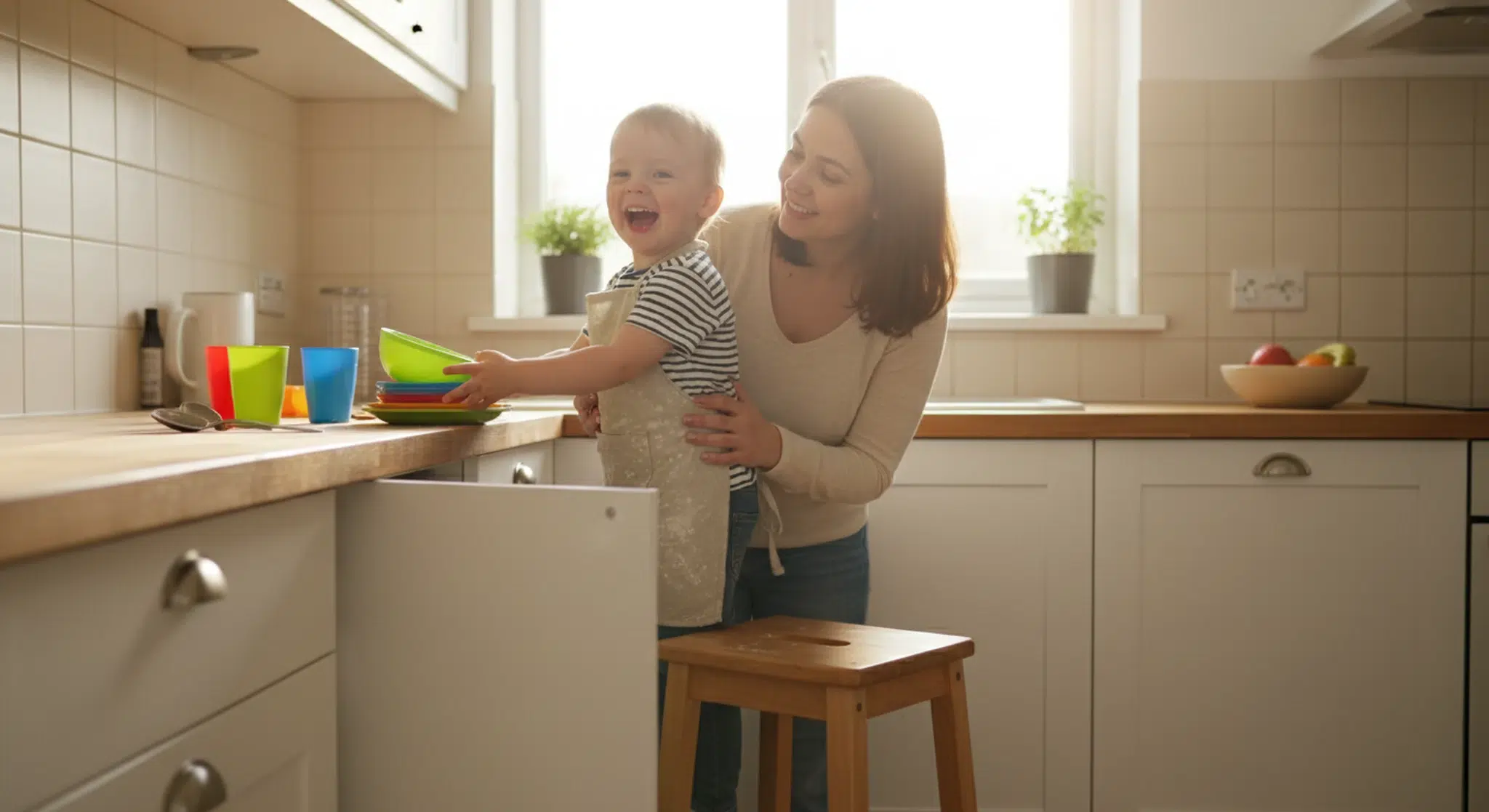 Young child helping put away dishes in a bright kitchen with a parent nearby