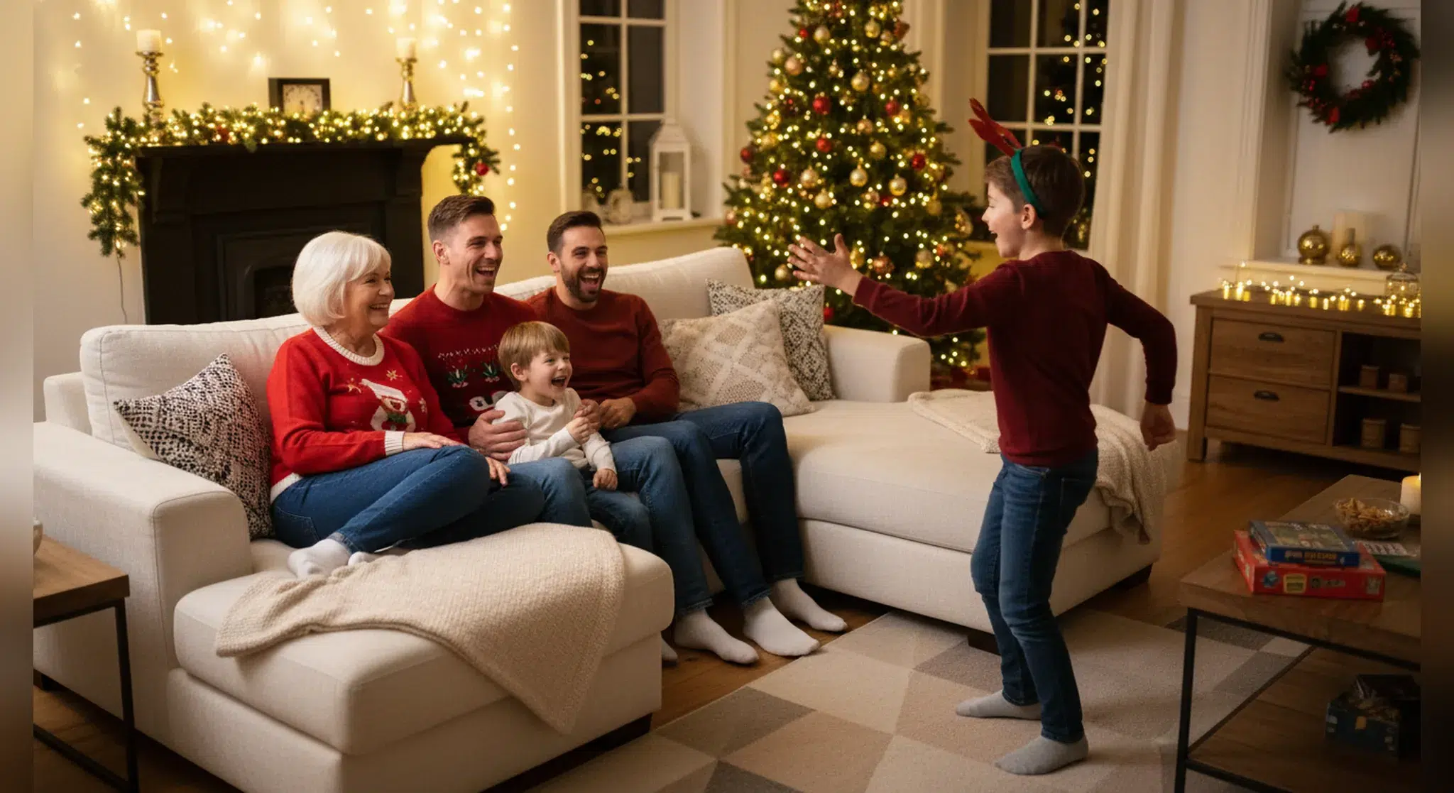 Family laughing while playing Christmas charades by the tree