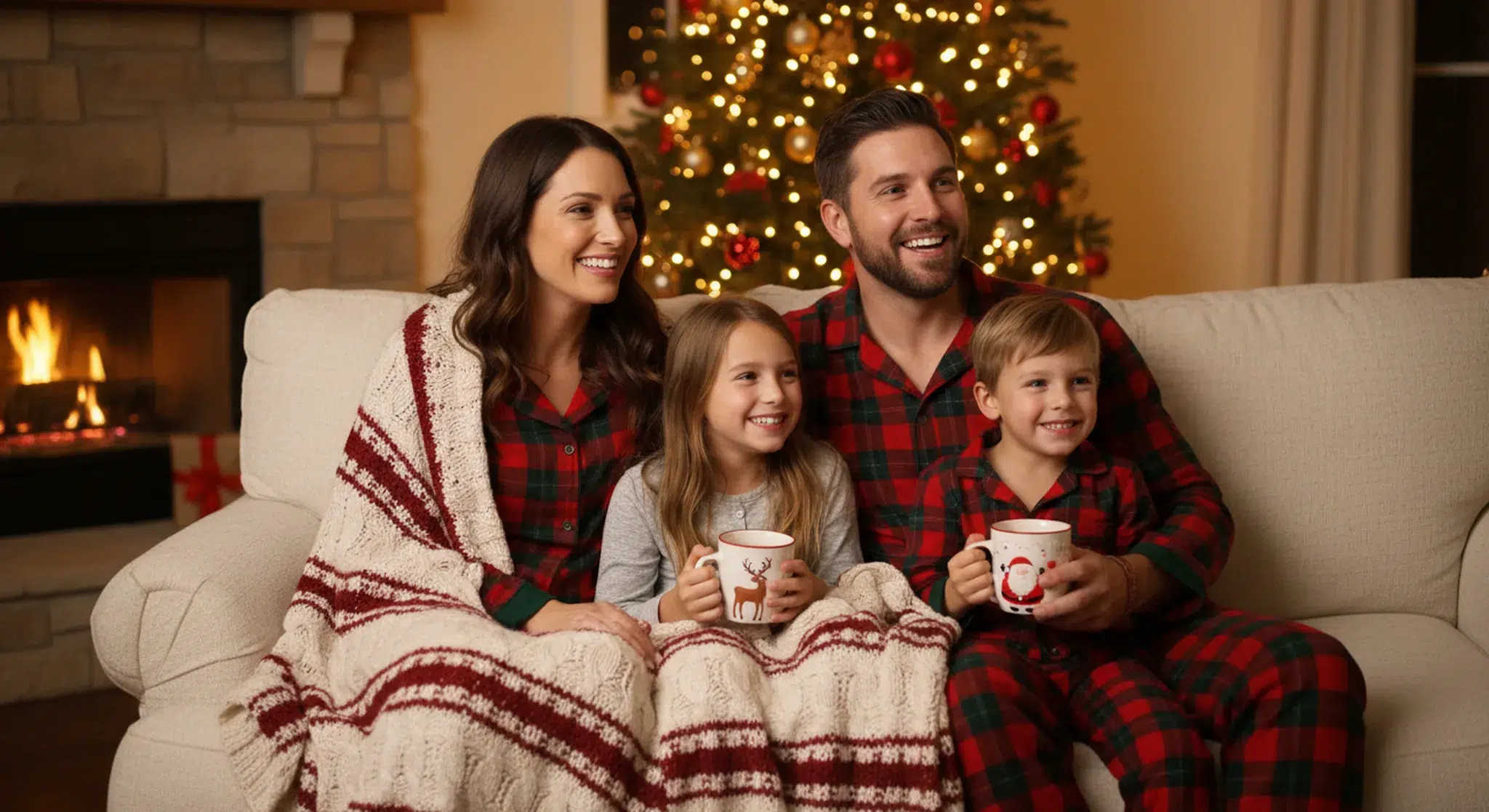 Family in holiday pajamas cuddled on the sofa watching a Christmas movie by the tree