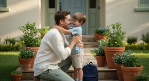 Parent kneeling to hug a smiling young child on the front steps of a house with a small backpack beside them, soft morning light