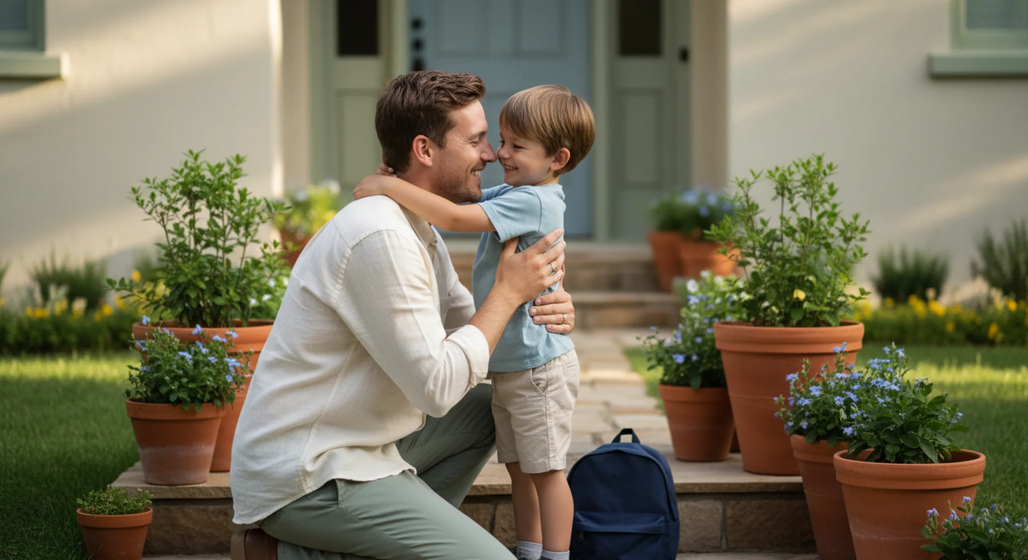Parent kneeling to hug a smiling young child on the front steps of a house with a small backpack beside them, soft morning light