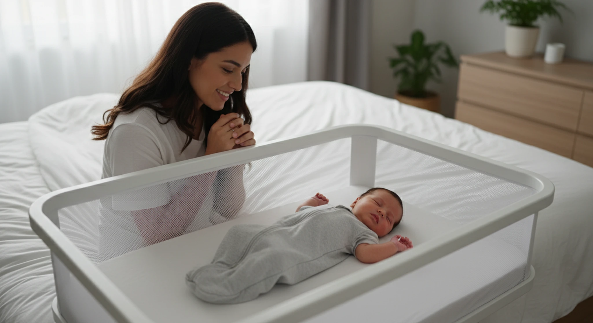 Mother leaning over a white baby bassinet, hands together and smiling at her sleeping newborn wrapped in a gray swaddle.