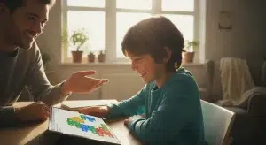 A child learning to code with colorful blocks on a tablet while a parent watches