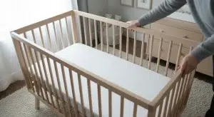 Crib Mattress Size Standard Dimensions and How to Check the Fit | Betteroo Parent standing at an empty wooden crib with a firm, snug-fitting crib mattress