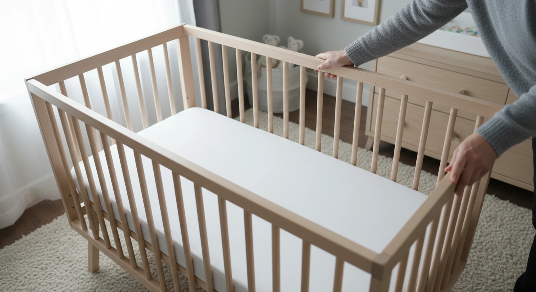 Crib Mattress Size Standard Dimensions and How to Check the Fit | Betteroo Parent standing at an empty wooden crib with a firm, snug-fitting crib mattress