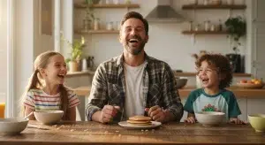 150+ Best Dad Jokes That Are Bad Enough to Be Great | Betteroo A smiling dad laughing with his two kids at the kitchen table while telling jokes