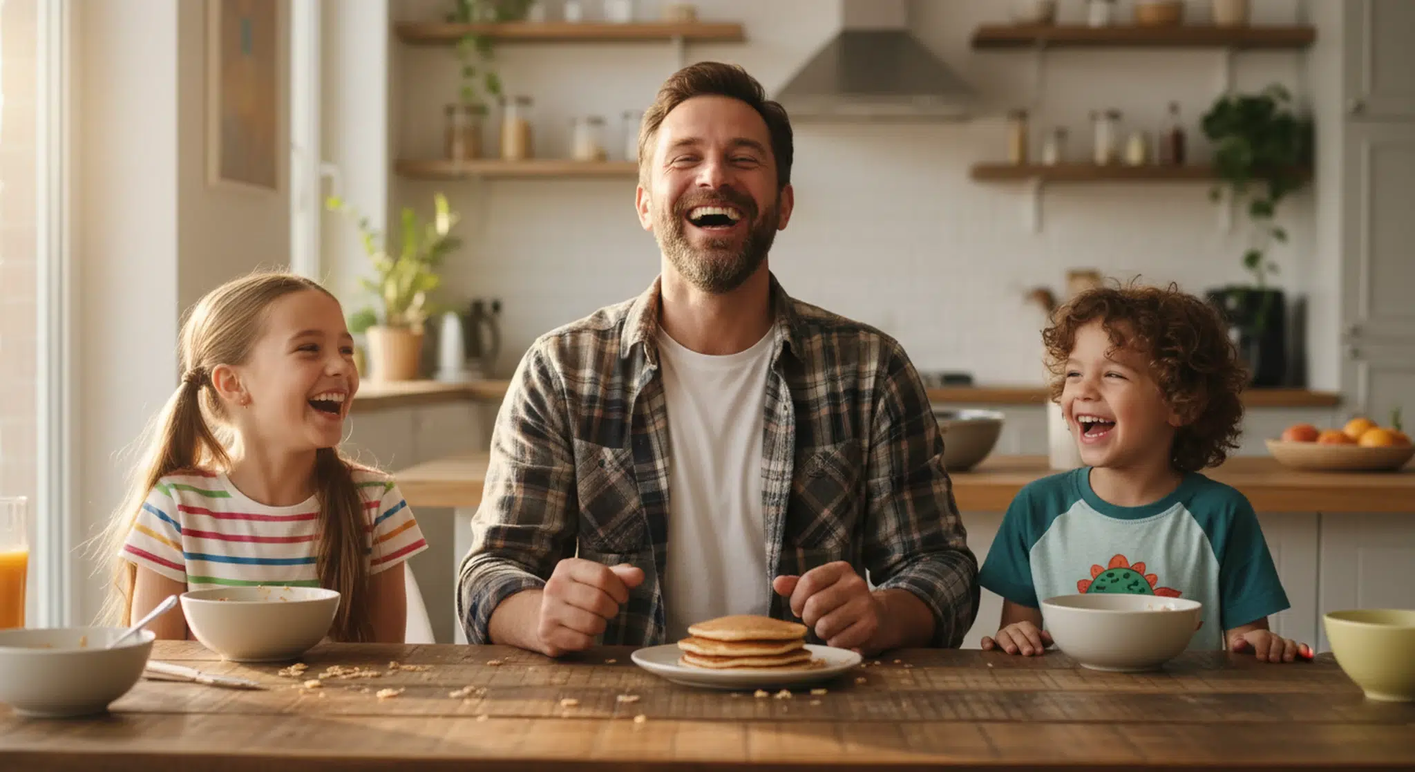 A smiling dad laughing with his two kids at the kitchen table while telling jokes