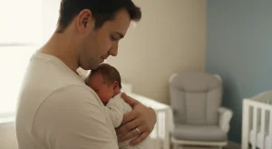 Father holding his newborn baby against his chest in a quiet nursery, seen from the side in soft window light