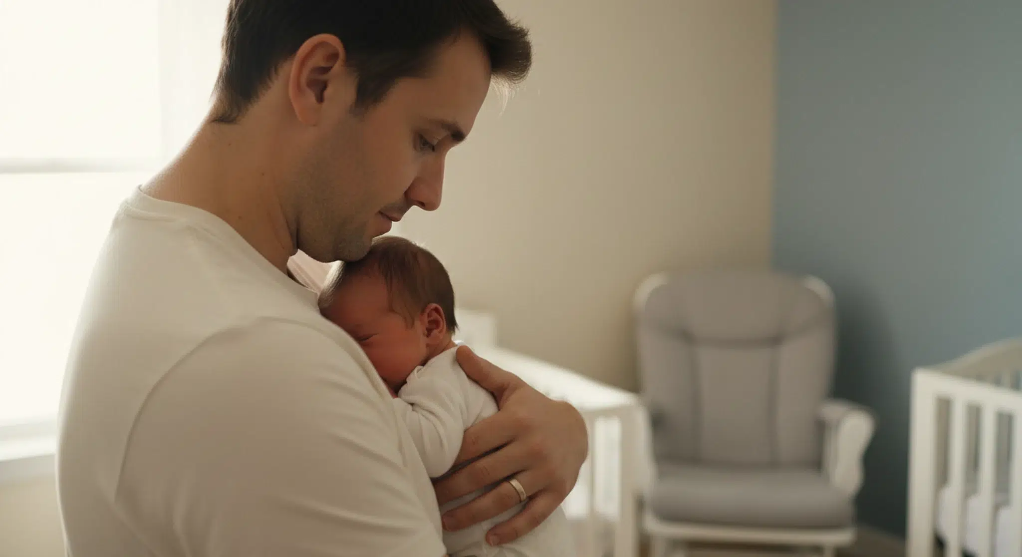 Father holding his newborn baby against his chest in a quiet nursery, seen from the side in soft window light
