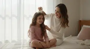 Mother gently brushing her young daughter's hair by a sunny window while the girl smiles