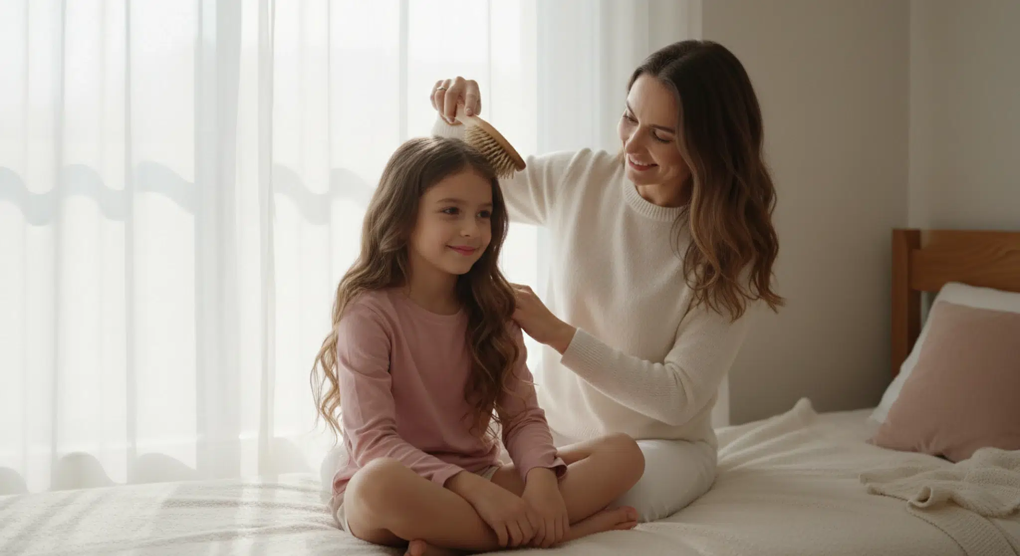 Mother gently brushing her young daughter's hair by a sunny window while the girl smiles