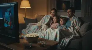 A family watching an Easter movie together on the couch