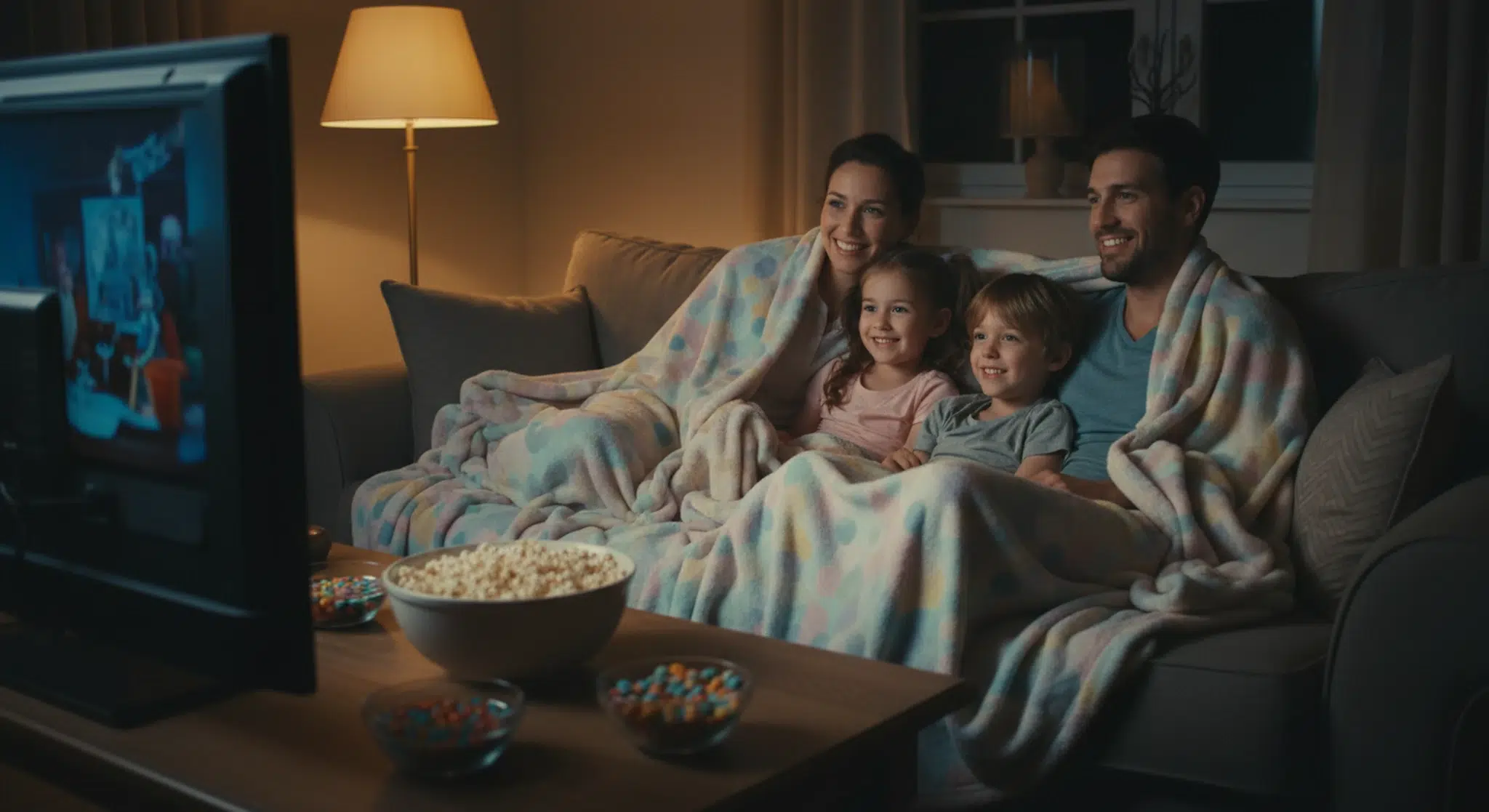 A family watching an Easter movie together on the couch