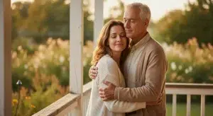 Grown daughter hugging her father from the side on a porch in warm evening light, both faces fully in frame
