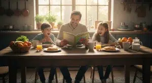 A family sharing a fun fact of the day together at the breakfast table