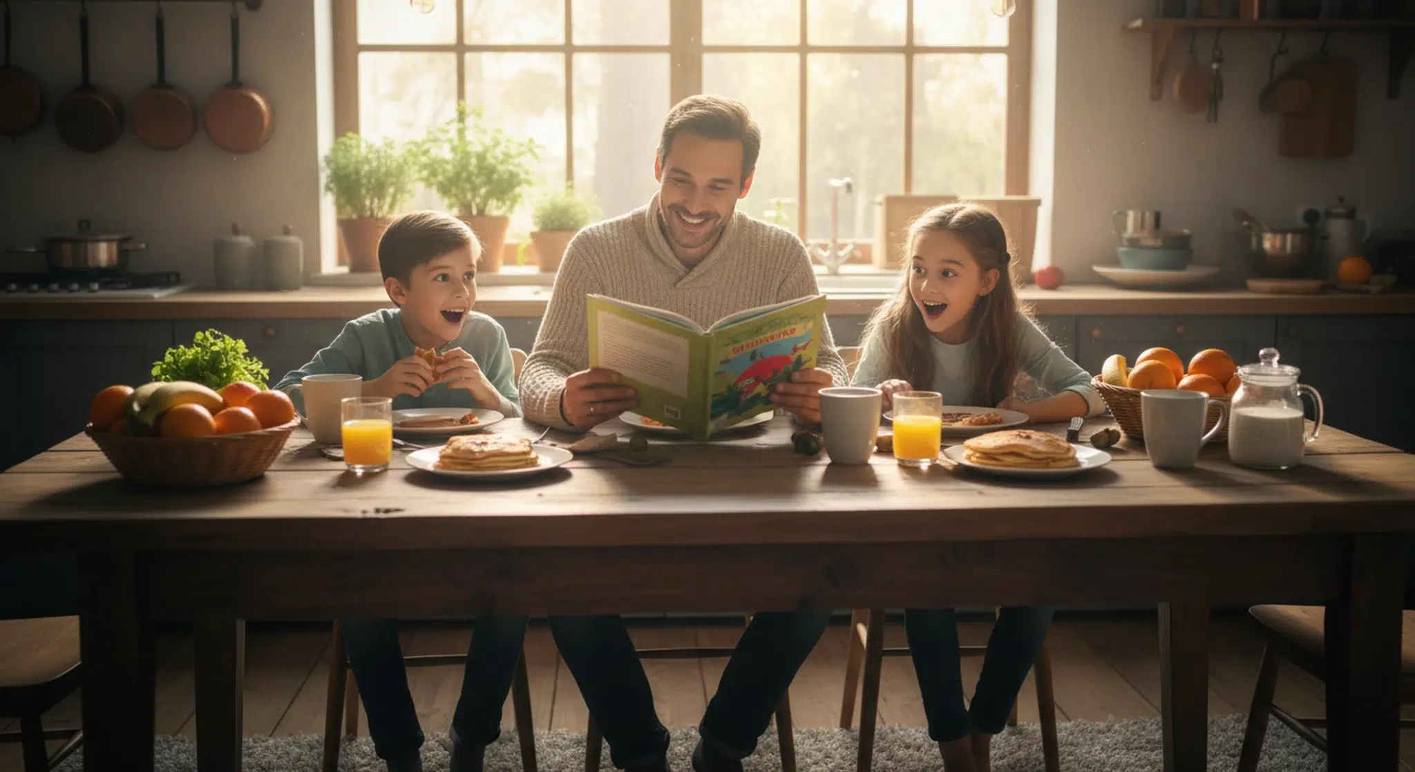 A family sharing a fun fact of the day together at the breakfast table