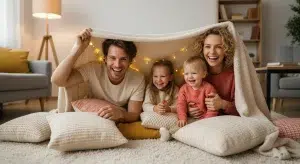 Parents and two young kids building a blanket fort together on a living room floor, laughing in warm lamp light