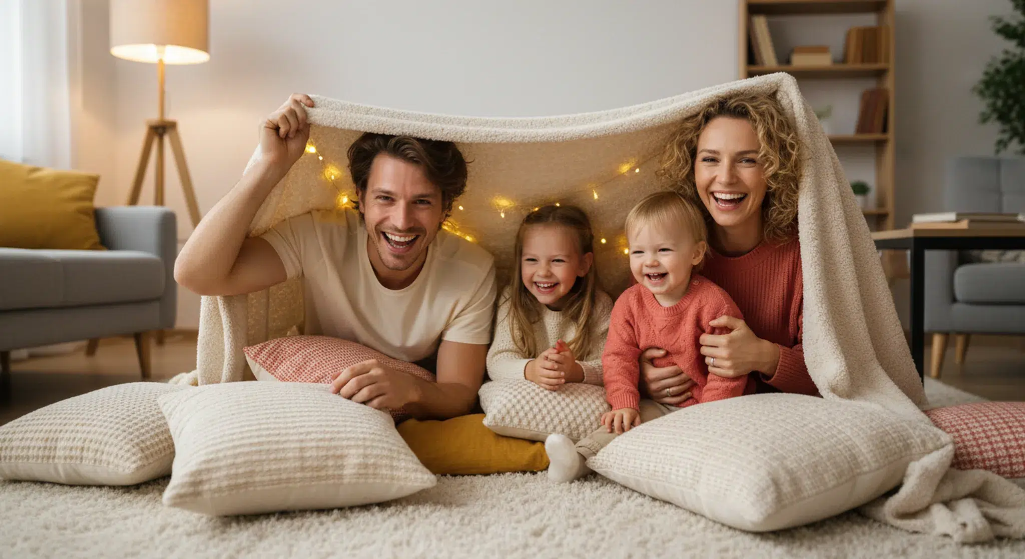 Parents and two young kids building a blanket fort together on a living room floor, laughing in warm lamp light