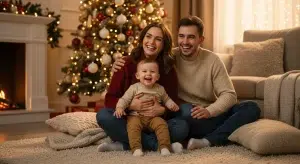 Young family sitting together on the floor beside a softly lit Christmas tree, parents and toddler smiling, warm living room glow
