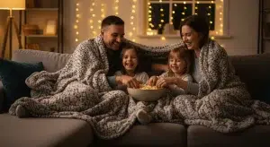 A family with two children snuggled under blankets sharing popcorn on movie night with warm string lights