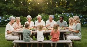 Large multigenerational family gathered around a long outdoor picnic table in a sunny backyard, grandparents, parents and kids laughing