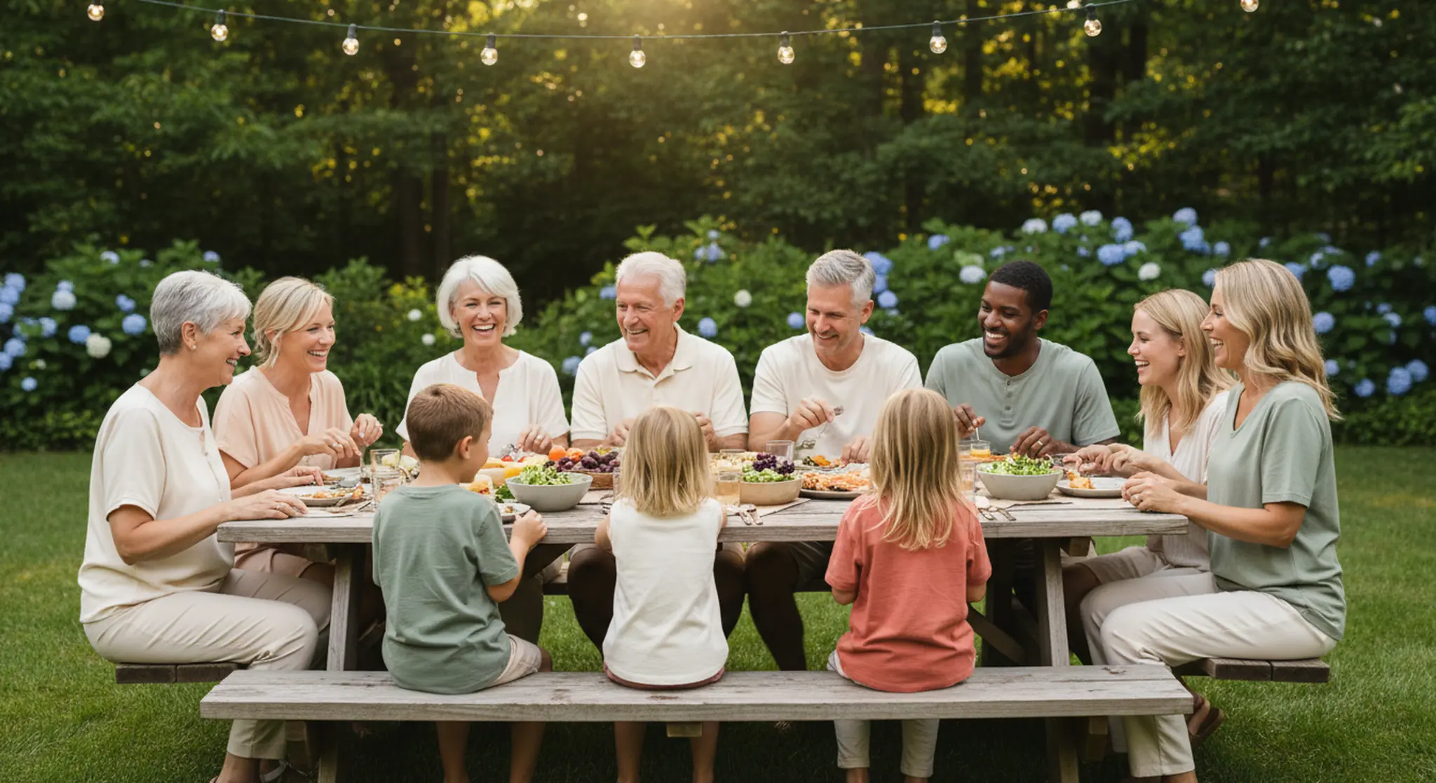 Large multigenerational family gathered around a long outdoor picnic table in a sunny backyard, grandparents, parents and kids laughing