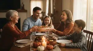 Multigenerational family gathered around a Thanksgiving dinner table passing dishes and laughing in warm autumn light