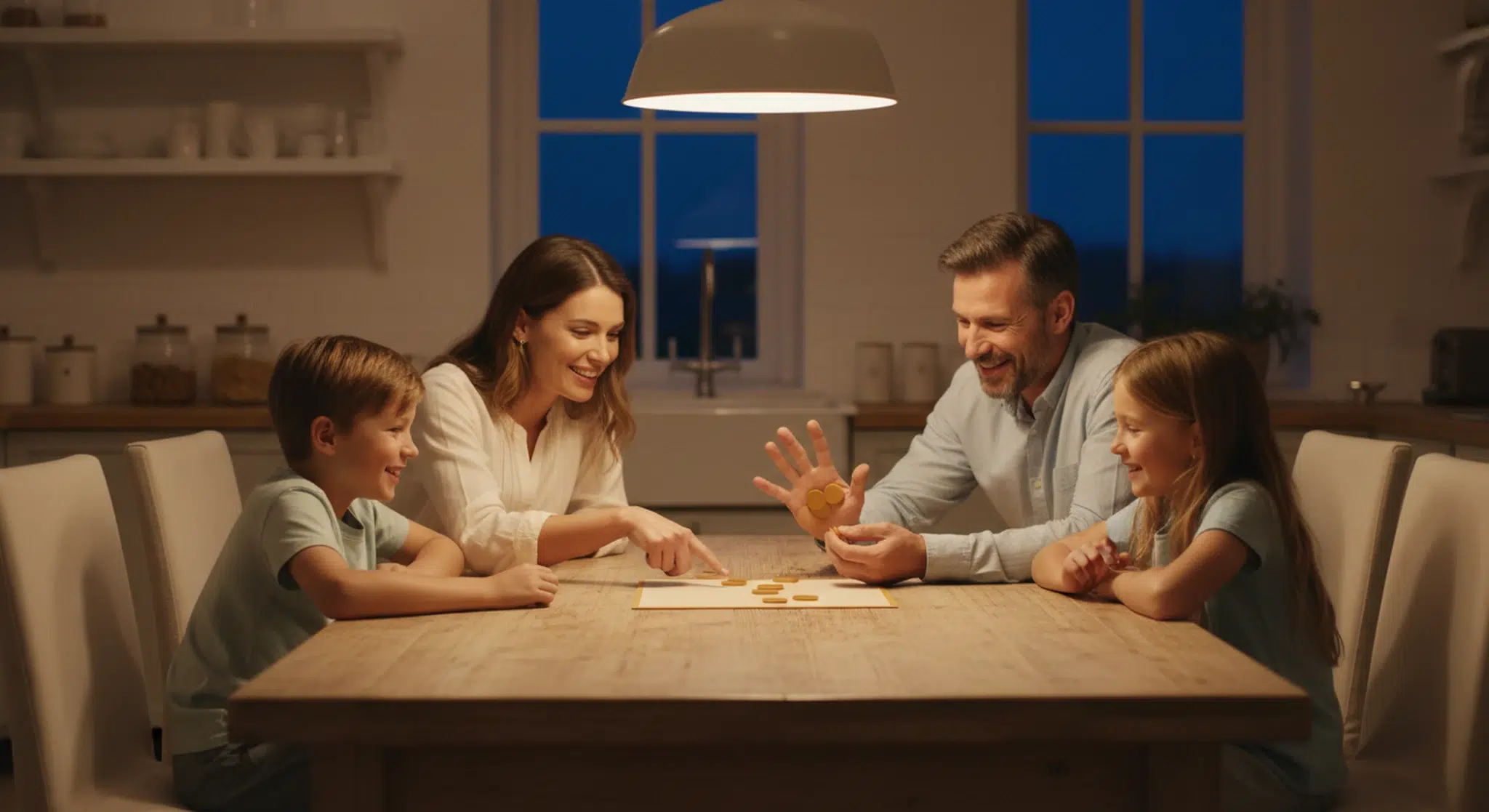 Family of four playing a board game together at a kitchen table in the evening, all faces visible and relaxed