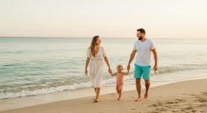 Young family walking hand in hand along the edge of a calm beach at golden hour, parents and a small child smiling