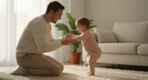 Father kneeling to hold his toddler daughter's hands in a sunlit living room, both fully in frame