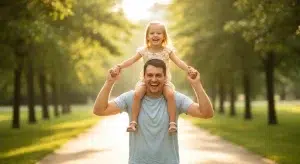 Father carrying his young daughter on his shoulders through a sunlit park, both fully in frame with space above
