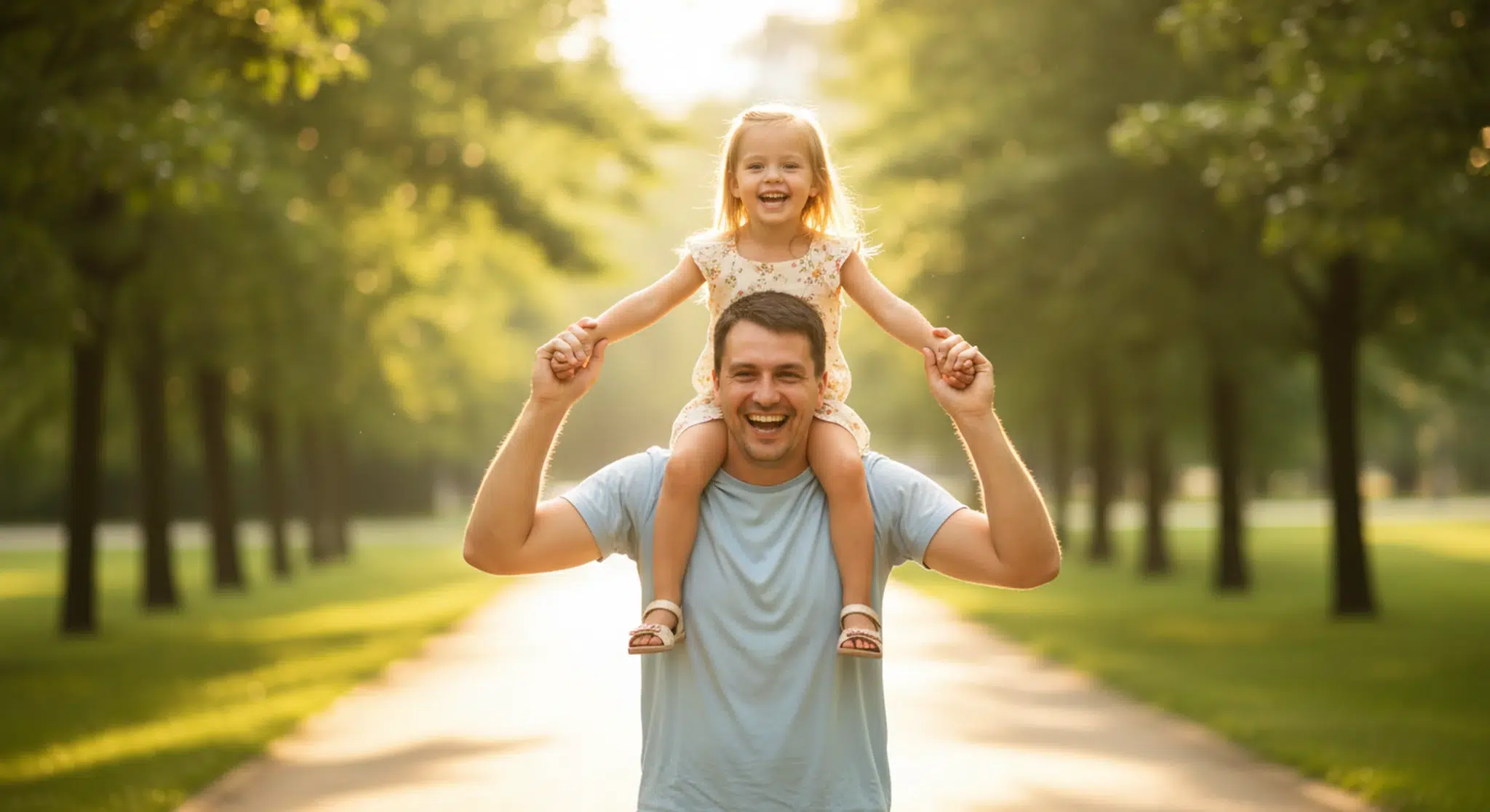 Father carrying his young daughter on his shoulders through a sunlit park, both fully in frame with space above