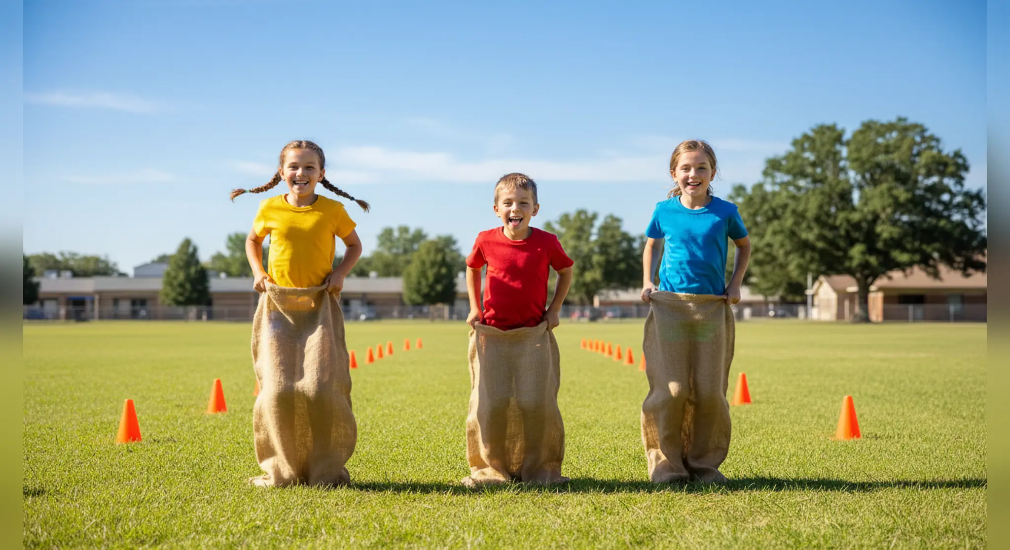 Children hopping in a sack race during a school field day on a grassy field