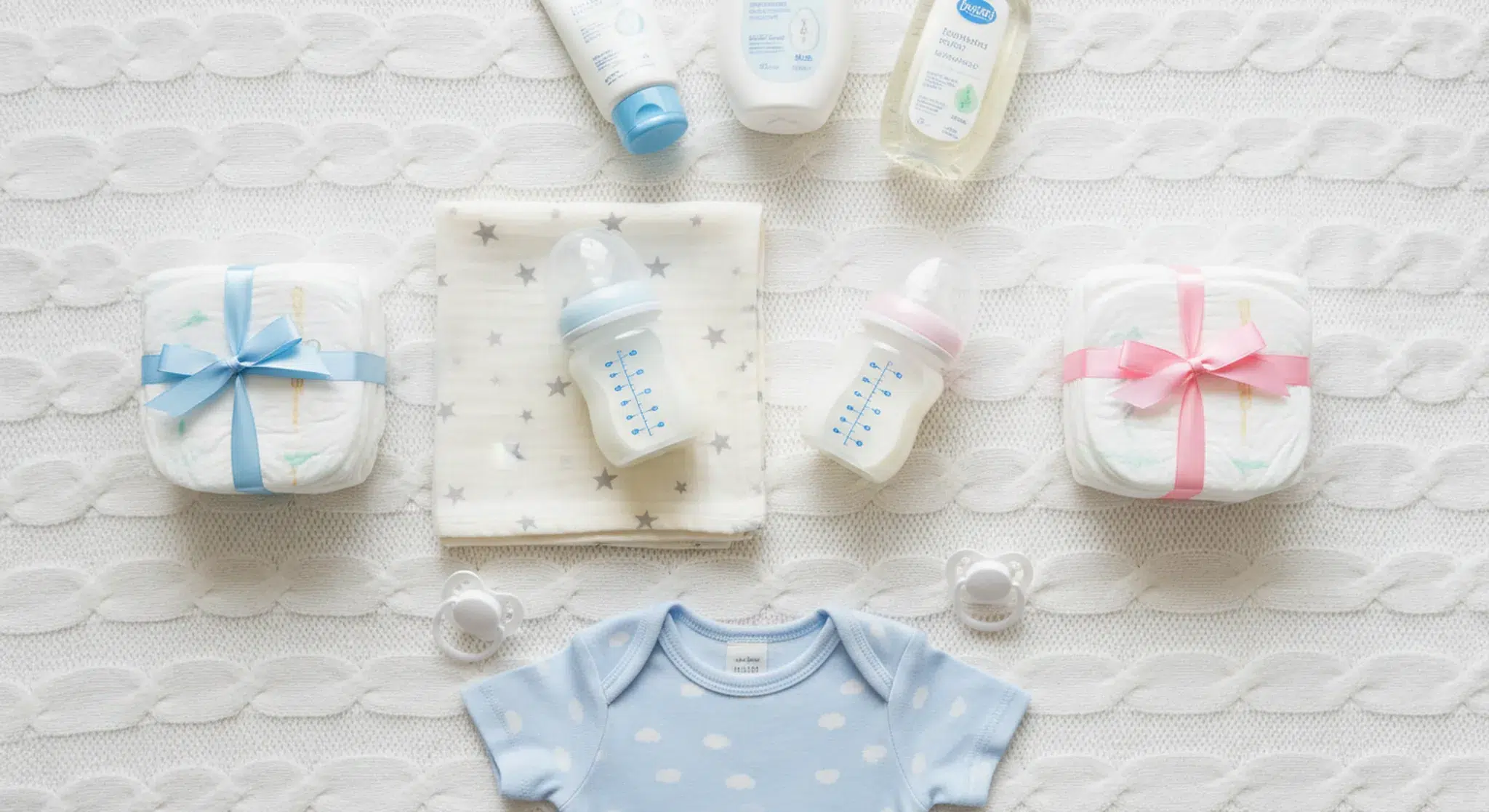 An assortment of free baby items including bottles, a swaddle, and a onesie arranged on a blanket