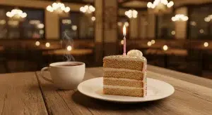 A slice of birthday cake with a lit candle on a restaurant table