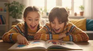Two children laughing and looking amazed while reading fun facts from a book at a sunny table