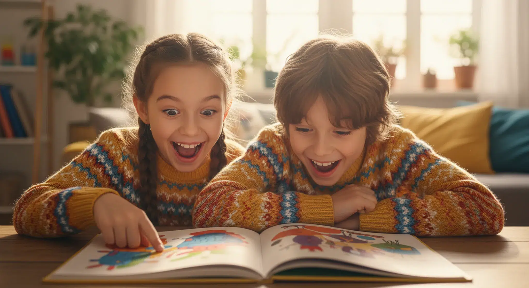 Two children laughing and looking amazed while reading fun facts from a book at a sunny table