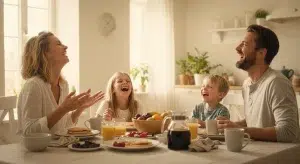 Family laughing together around a cluttered kitchen table during breakfast, everyone mid-laugh, natural morning light