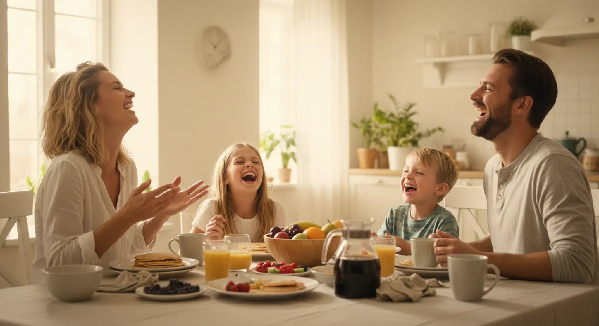 Family laughing together around a cluttered kitchen table during breakfast, everyone mid-laugh, natural morning light