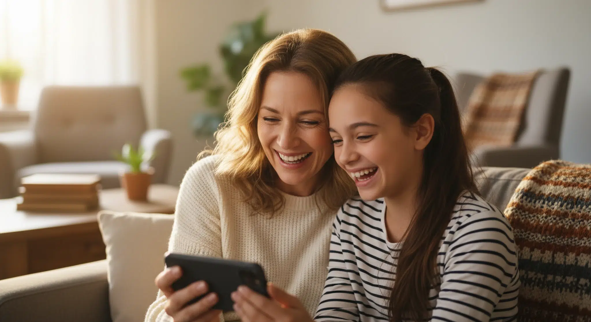 Mother and teen daughter laughing together on the sofa while looking at a phone