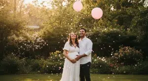 Expecting couple laughing as pink confetti and balloons fall at a gender reveal in the backyard
