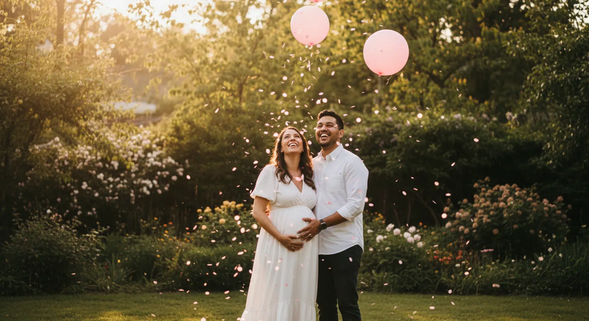 Expecting couple laughing as pink confetti and balloons fall at a gender reveal in the backyard
