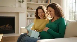 Pregnant woman smiling as she opens a gift from a friend on the sofa