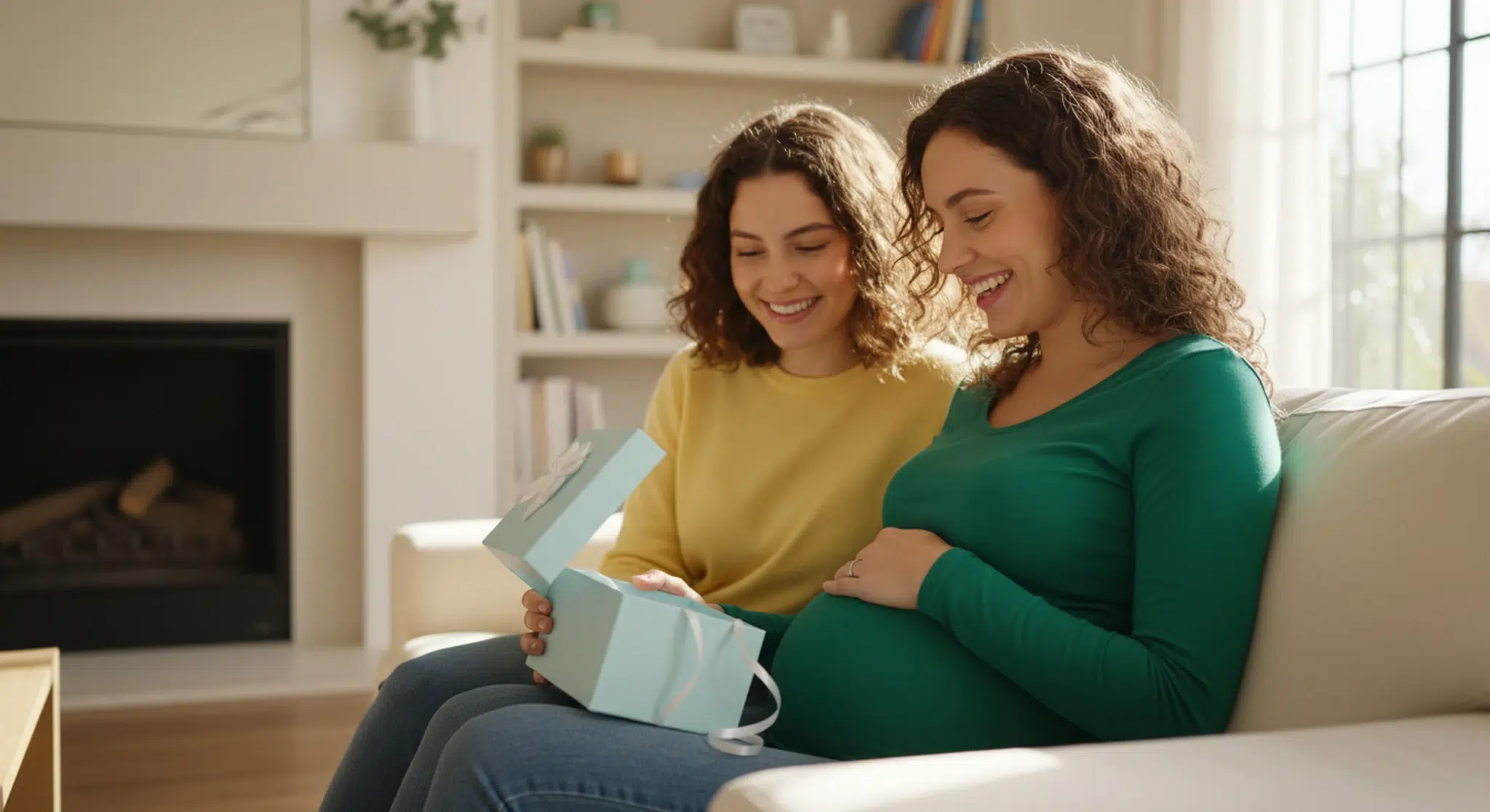 Pregnant woman smiling as she opens a gift from a friend on the sofa