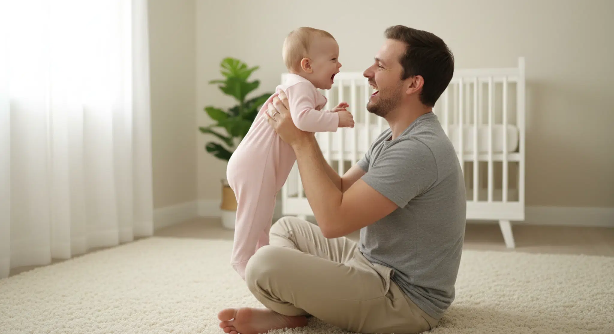 Father sitting on a nursery floor holding his baby daughter up to his face, both fully in frame in soft window light
