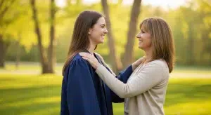 Young woman in a graduation gown hugging her mother outdoors on a sunny campus lawn